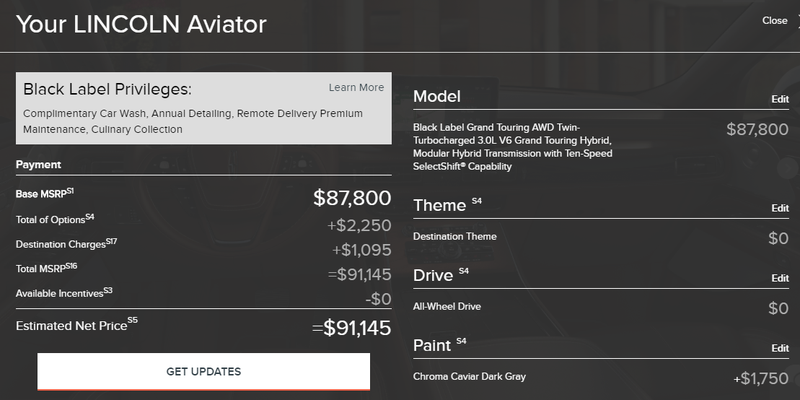 Illustration for article titled The Lincoln Aviator configurator is online, and I just built a fully loaded one for an eye-watering $91,145
